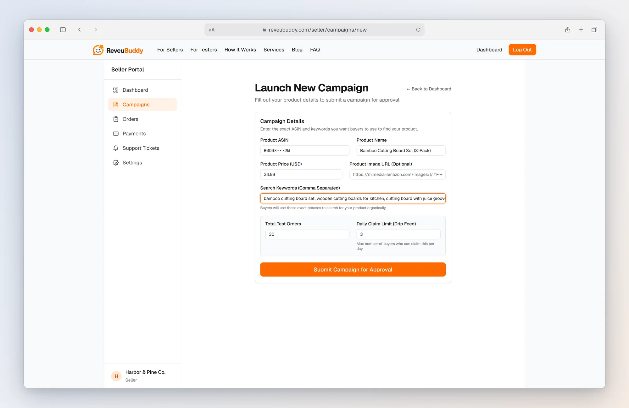 Launching a ReveuBuddy campaign: product ASIN, target search keywords, total test orders and daily drip-feed limit