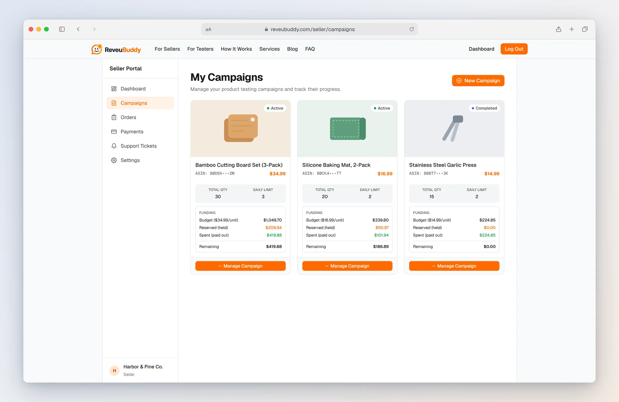 ReveuBuddy campaign cards showing budget, reserved, paid-out and remaining escrow funds for each product