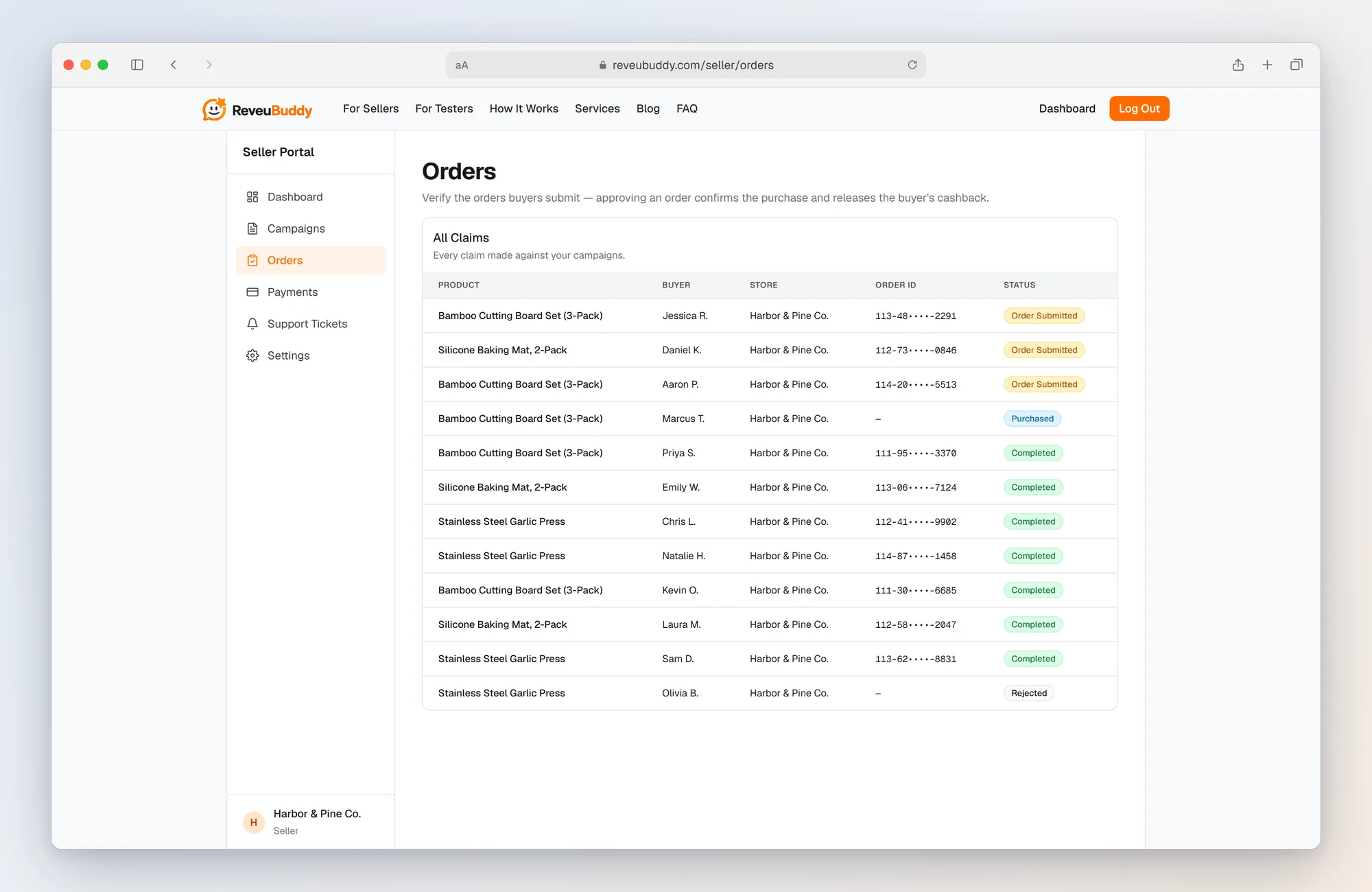 ReveuBuddy claim-by-claim report listing every buyer, store, order ID and status