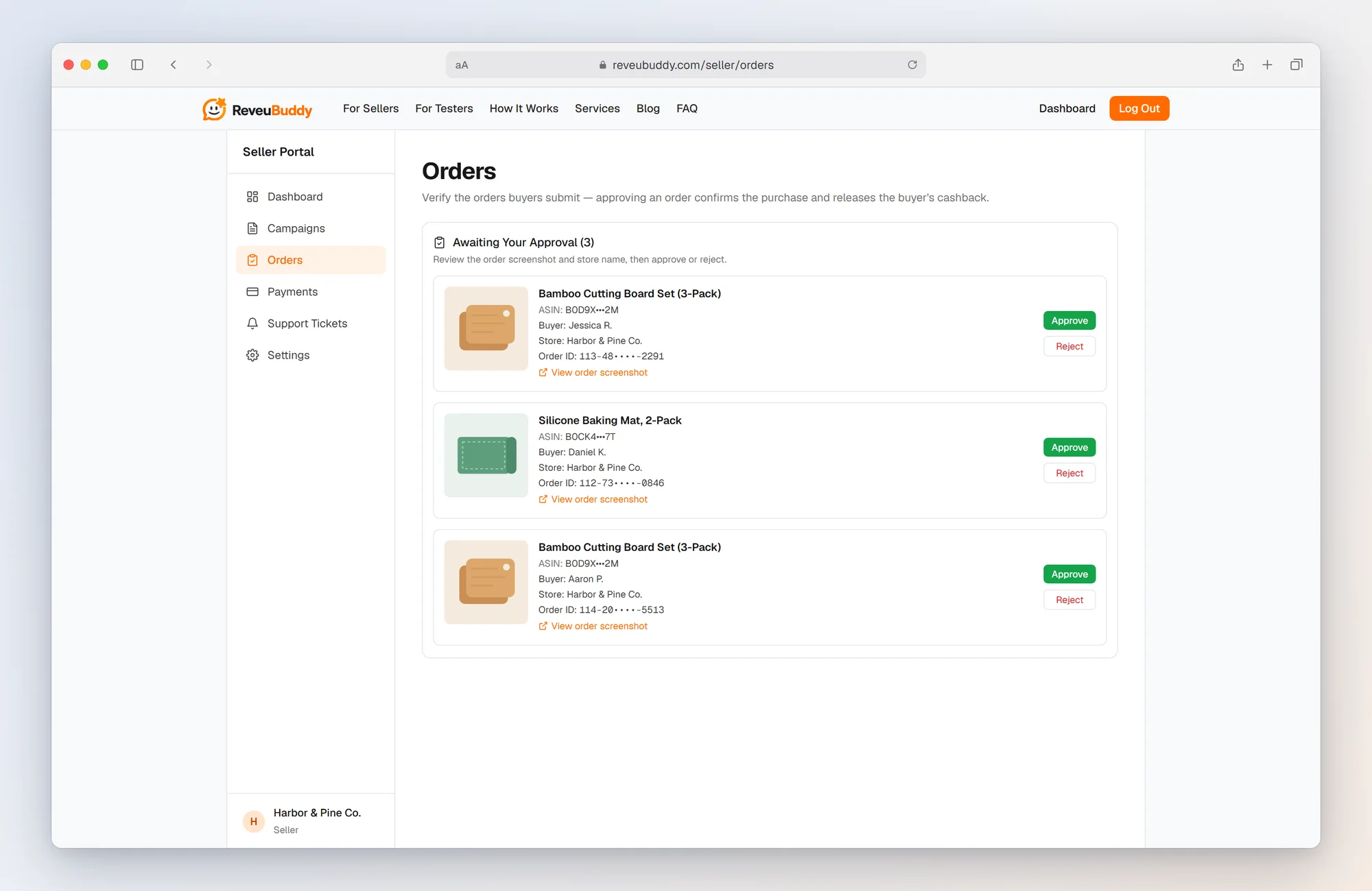 Seller order approval queue in ReveuBuddy with buyer order screenshots waiting to be approved or rejected