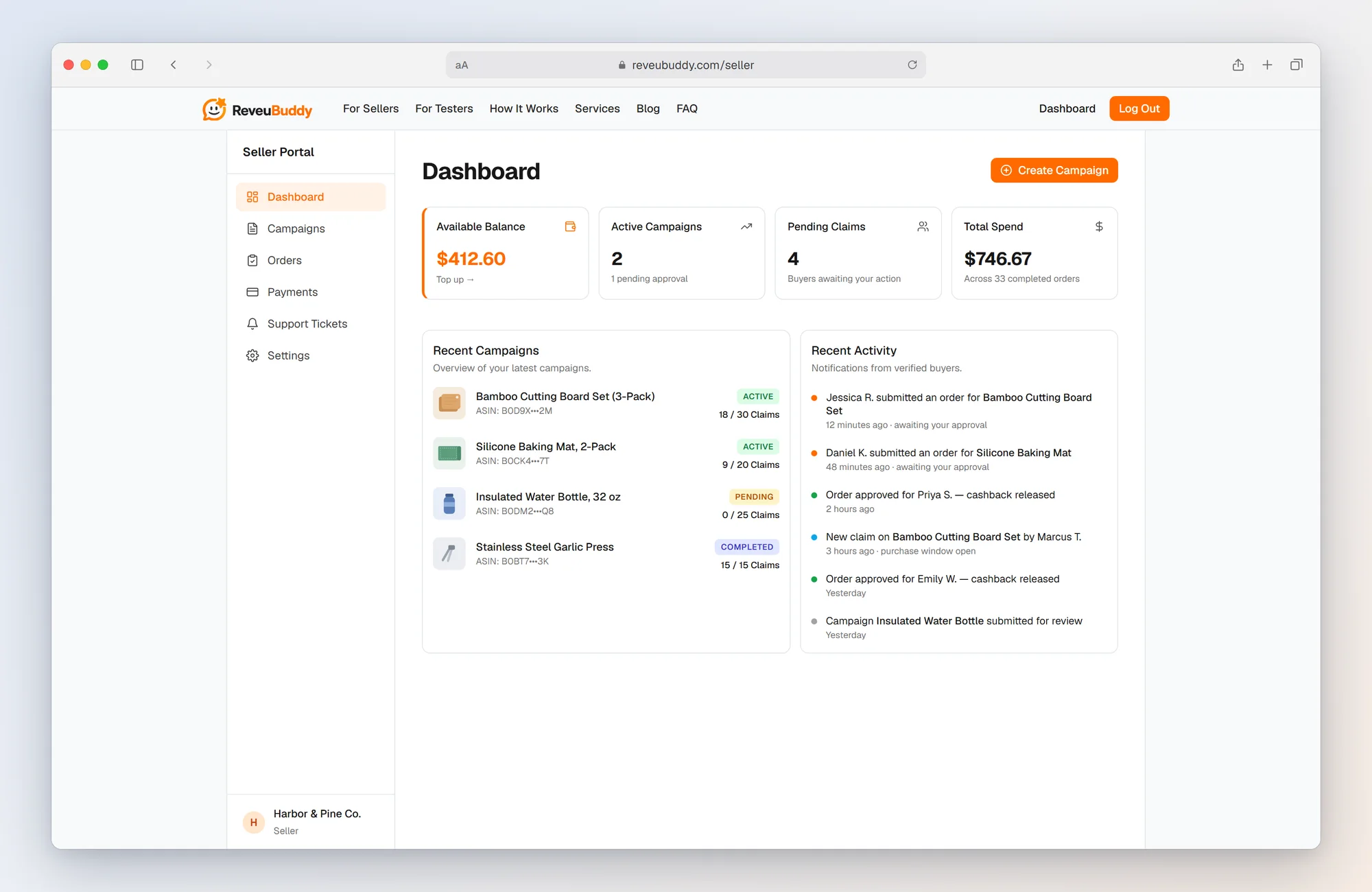 ReveuBuddy seller dashboard showing available balance, active campaigns, pending claims and recent buyer activity